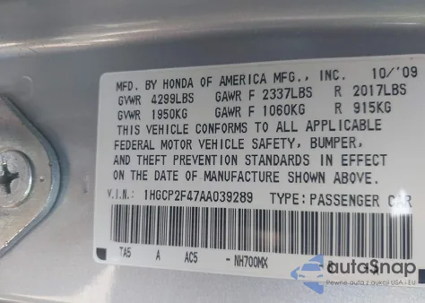 2010 Honda Accord Lxp from USA, damaged, VIN 1HGCP2F47AA039289